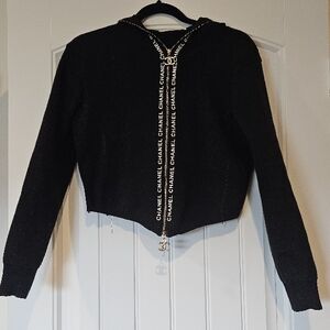 Designer inspired Cropped Black White Logo-Trim Hooded Zip Sweater